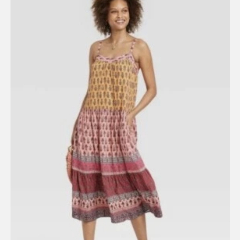 Knox Rose Multicolor Tiered Maxi Dress in Mustard, Pink & Burgundy